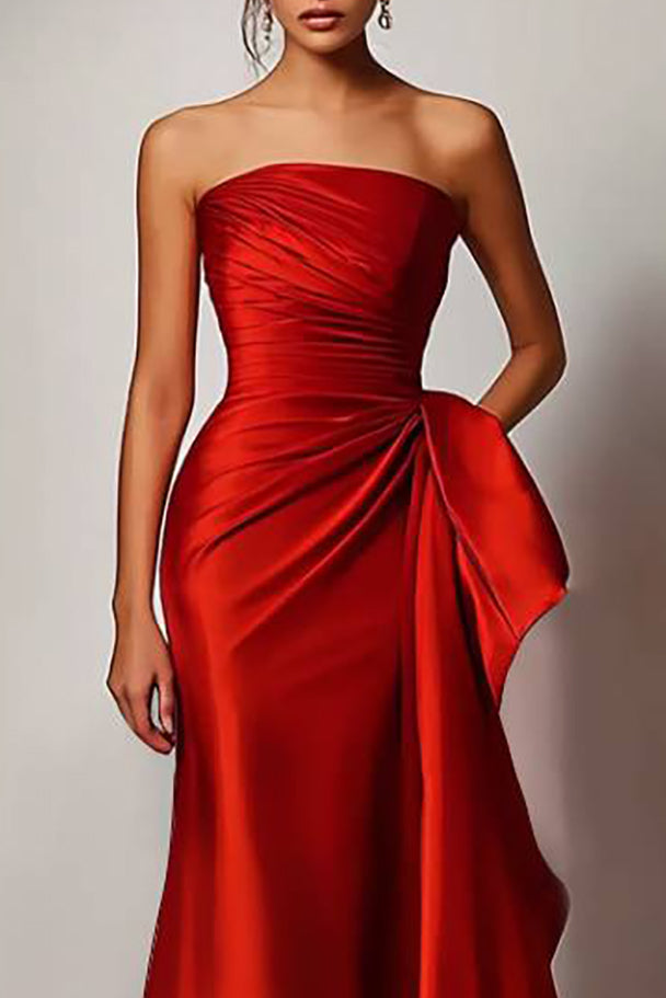 Evening Formal Dress Red Strapless Satin Maxi Gown