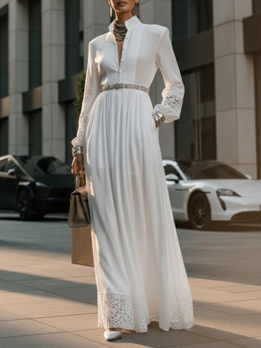 A-Line High Waisted Belted Buttoned Hollow Pleated Pockets Solid Color Split-Joint Stand Collar Maxi Dresses Shirt Dress