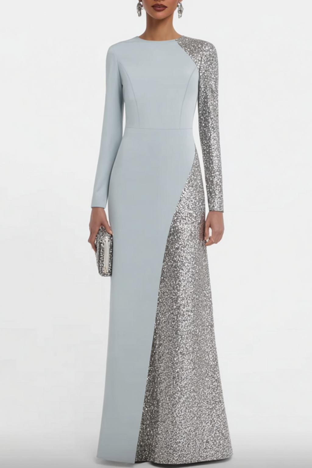 Formal Dress Blue Crew Neck Sequin Maxi Mother of the Bride Dress