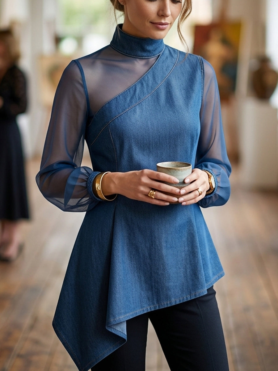 Long Sleeves Puff Sleeves Asymmetric Mesh Split-Joint Mock Neck Blouses&Shirts Tops
