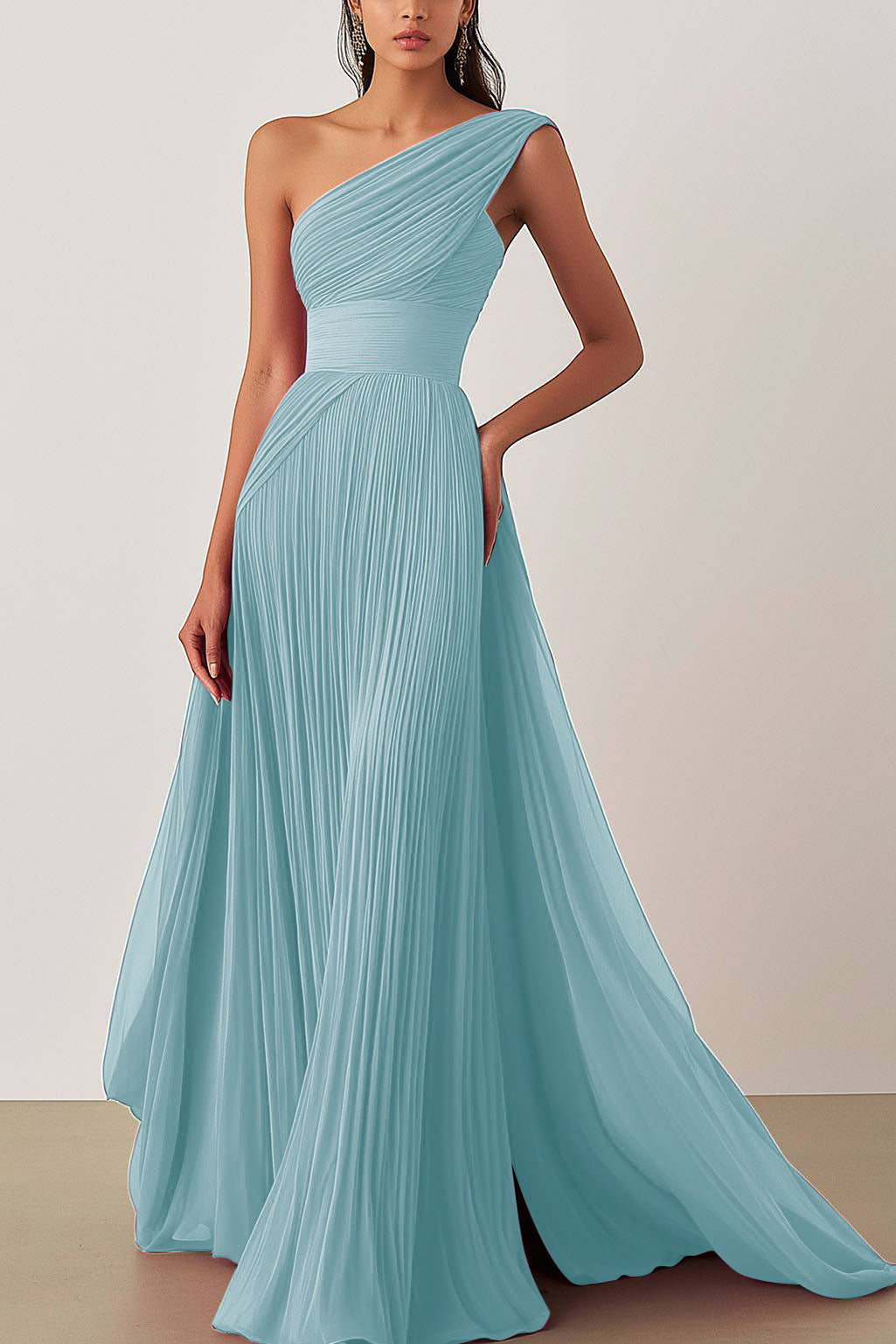 Prom Formal Pleated Dress Rose Color One-Shoulder Maxi Dress