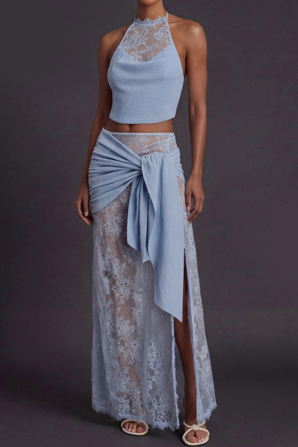 Sky Blue Formal Evening Outfit Sets Halter Slit Skirts Set