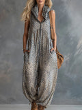 High Waisted Loose Contrast Color Leopard Pleated Pockets Split-Joint Zipper Hooded Anklets Jumpsuits