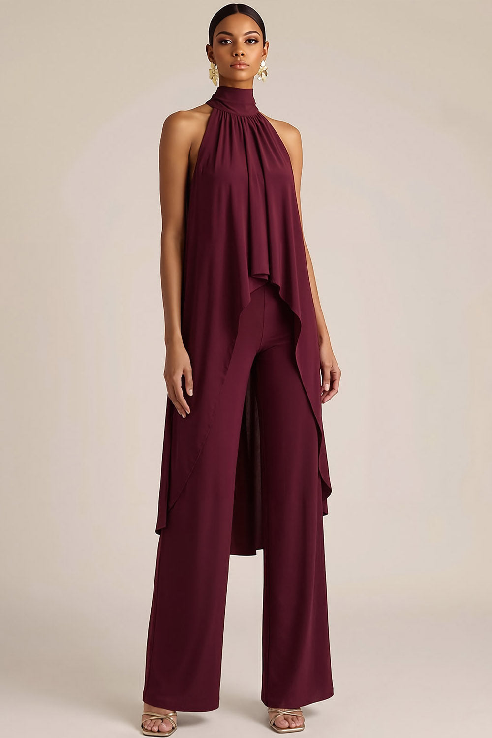 Burgundy Casual Outfit Set Halter Chiffon Pants Set