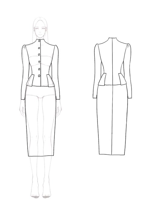 Work Suit Set Gray Stand Collar Tweed Long Sleeve Midi Skirt