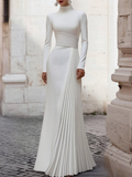High Waisted Long Sleeves Pleated Solid Color Split-Joint Zipper Mock Neck Maxi Dresses