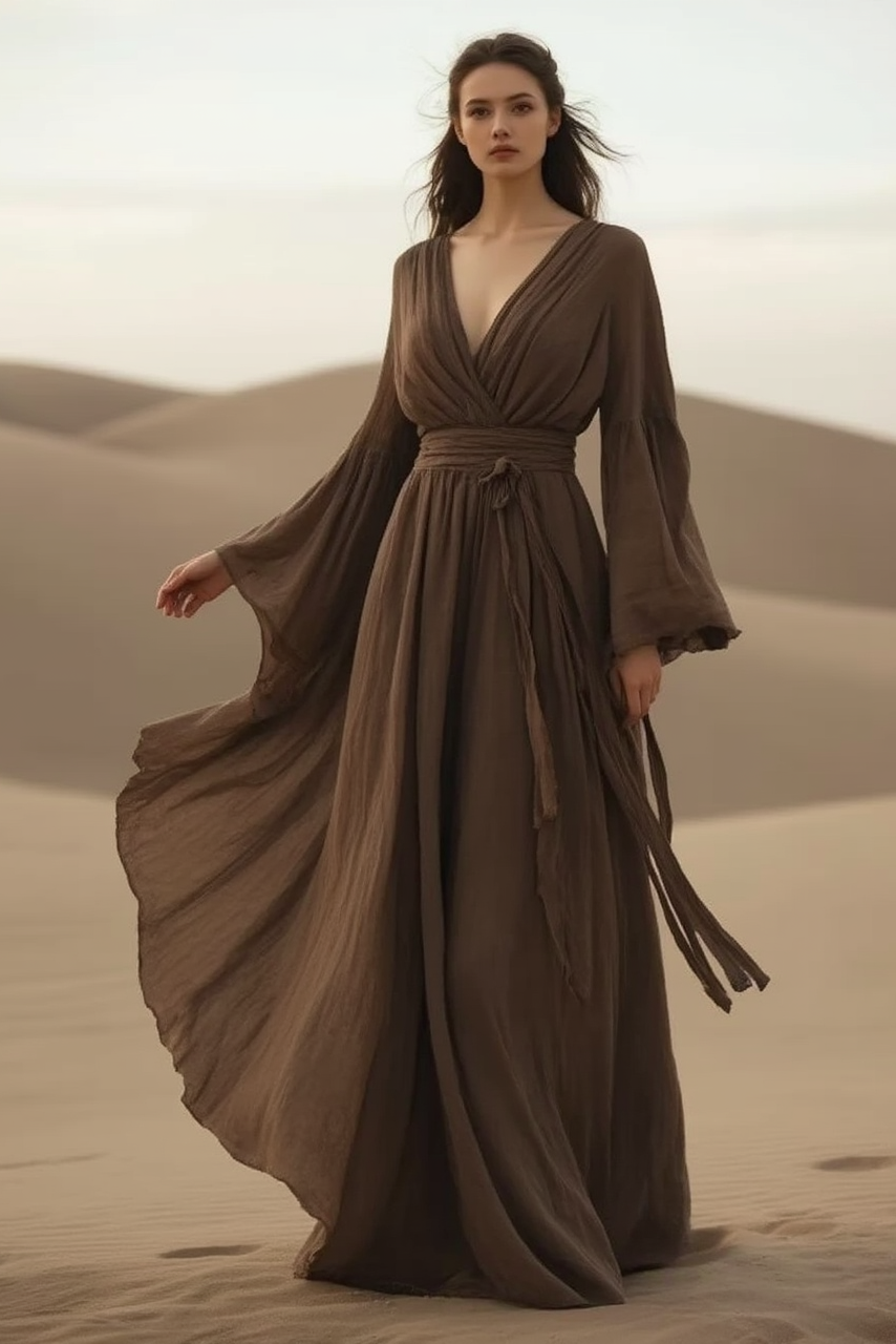 Bohemian Swing Dress Coffee V Neck Maxi Dress