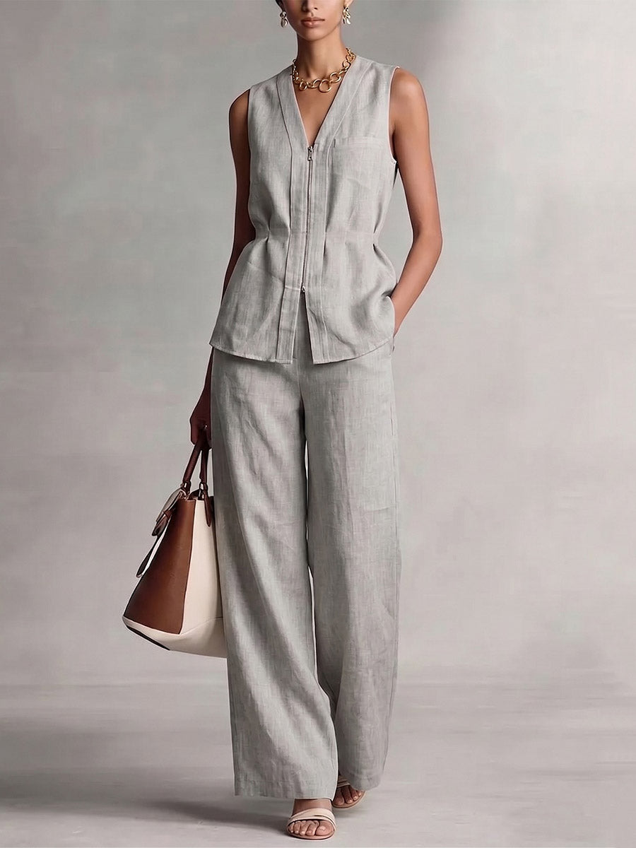 High Waisted Wide Leg Pockets Solid Color Pants Trousers