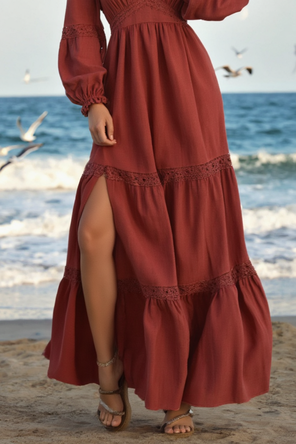 Bohemian Swing Dress Red V Neck Maxi Dress