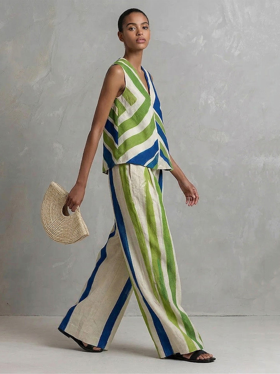High Waisted Loose Contrast Color Pockets Striped Pants Trousers