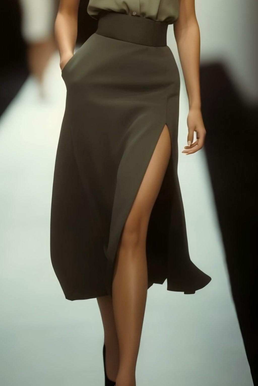 Work Shirt Skirt Set Green Lapel Knee Dress Set