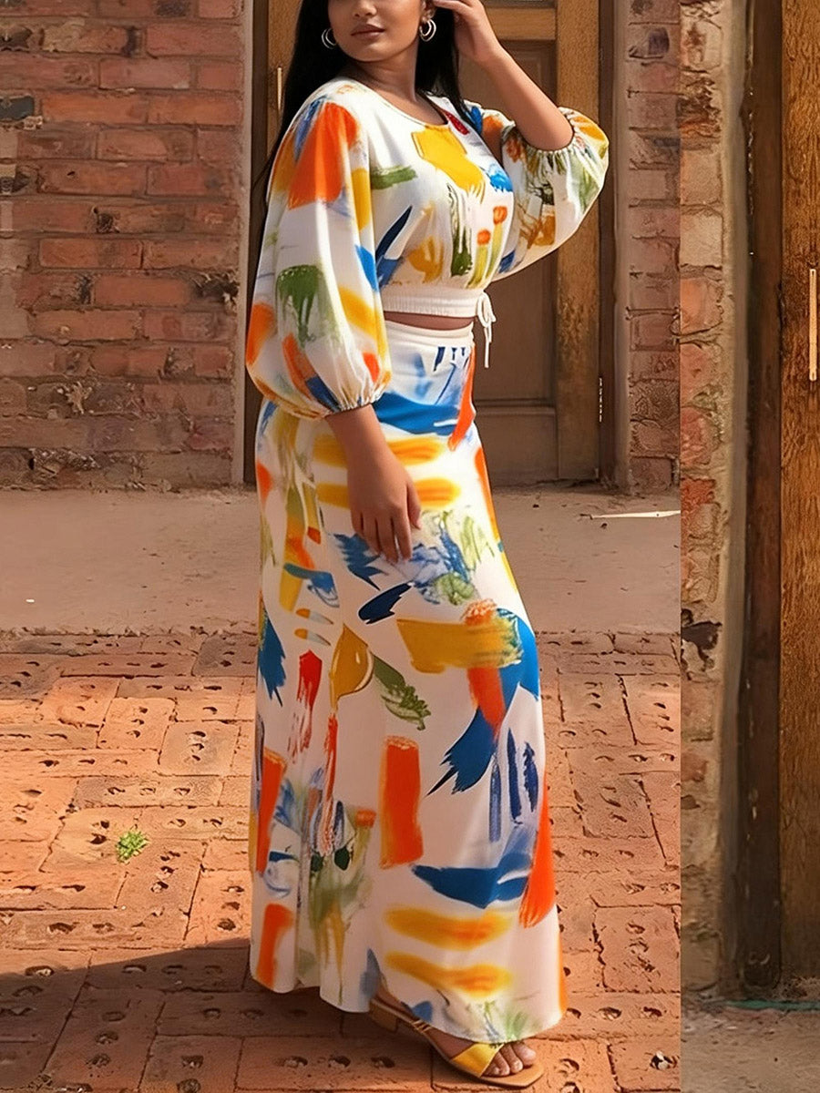 A-Line Elasticated Waist Contrast Color Graffiti Printed Split-Joint Skirts Bottoms