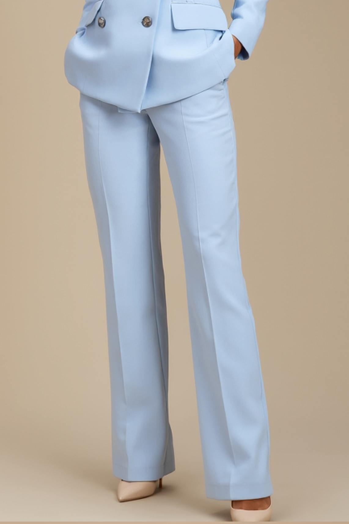 Work Formal Pants Suit Light Blue Pocketed Straight-Leg Blazer Set