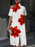 Loose Short Sleeves Asymmetric Flower Print Split-Front High Neck Midi Dresses