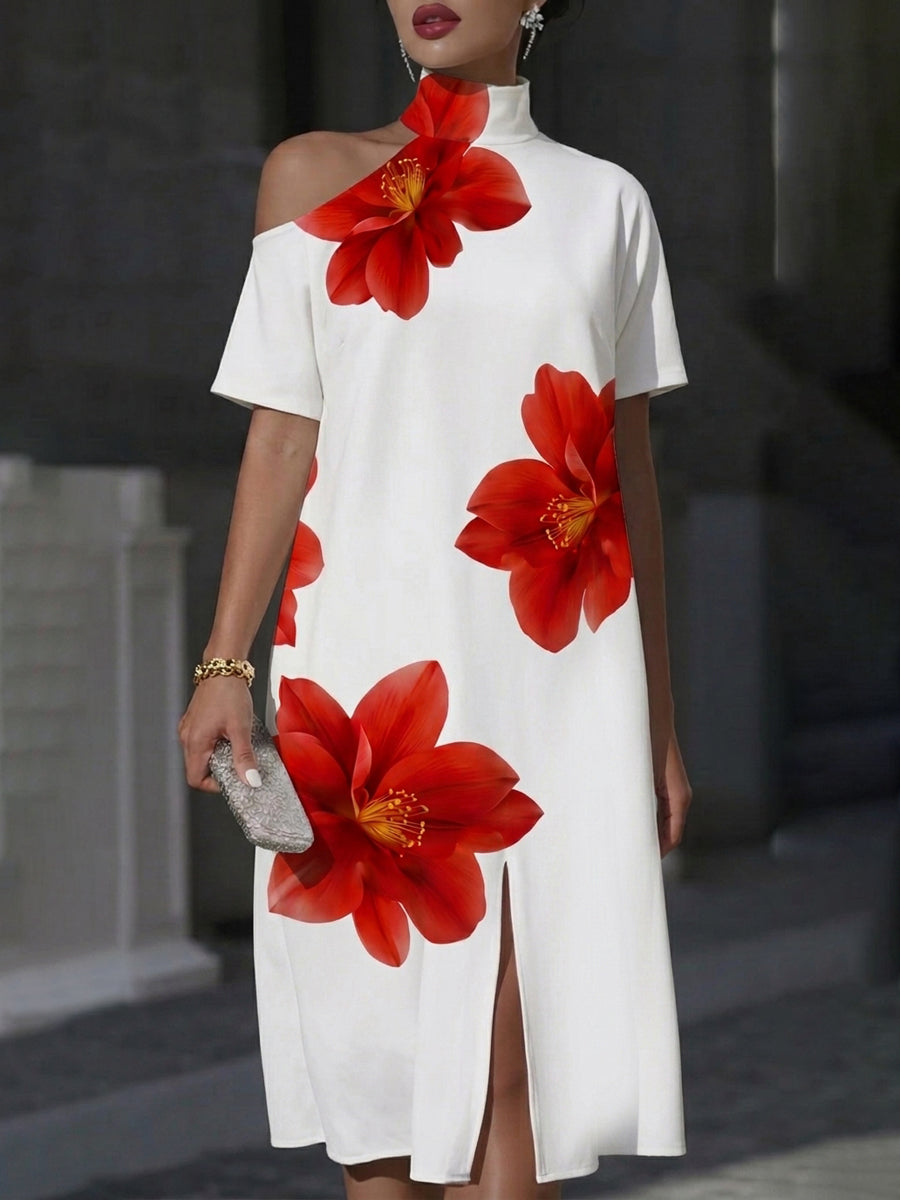 Loose Short Sleeves Asymmetric Flower Print Split-Front High Neck Midi Dresses