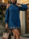 Long Sleeves Loose Hollow Pockets Solid Color Split-Joint Cold Shoulder Mini Dresses