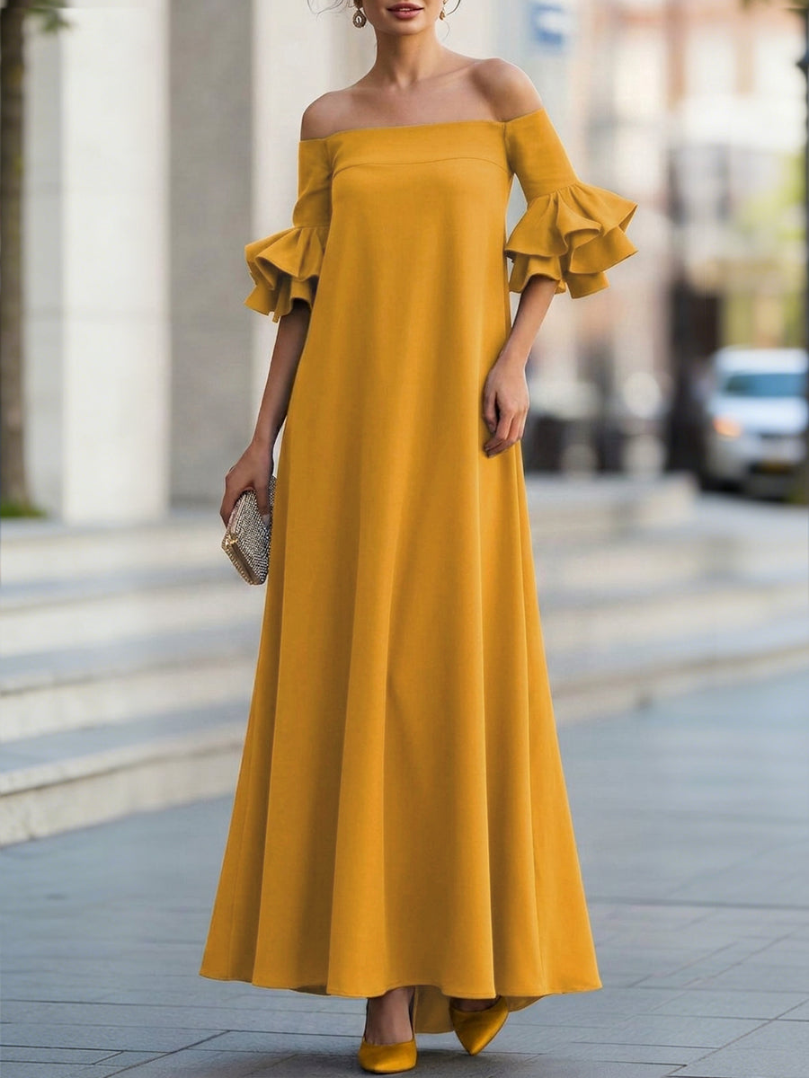 Half Sleeves Loose Solid Color Off-The-Shoulder Maxi Dresses
