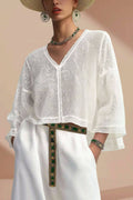 Bohemian Vacation Top White V-neck Long Sleeve Breathable Short Top