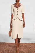 Work Beige Skirt Suits Purple Lapel Midi Sets