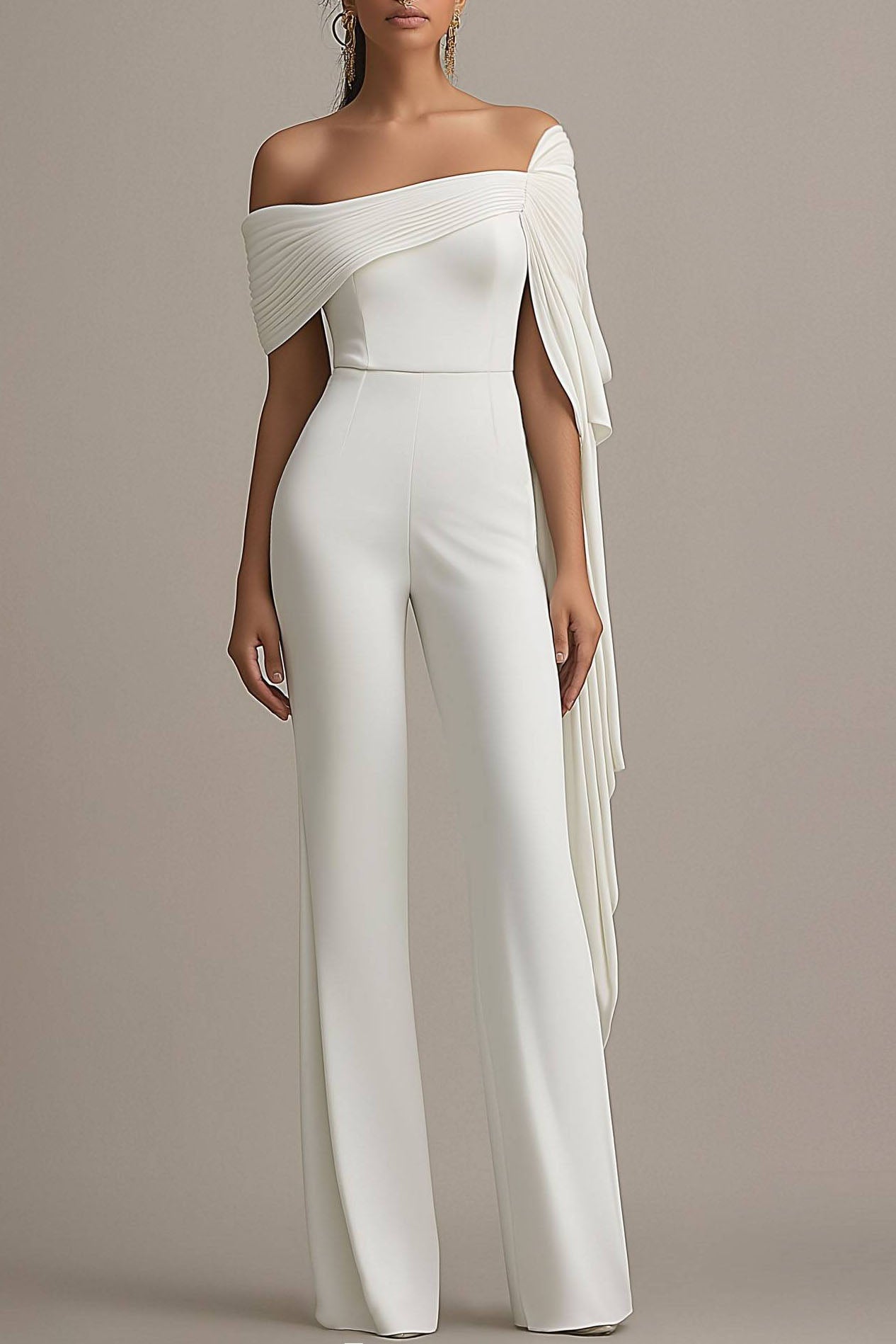 Formal Off-The-Shoulder White Draped Wide-Leg Jumpsuit