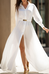 Chic Casual Shirt Dress White Lapel Slit Maxi Dress