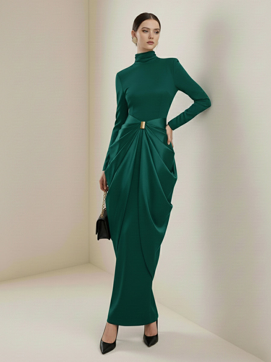 Long Sleeves Buckle Draped High-Neck Evening Dresses Maxi Dresses