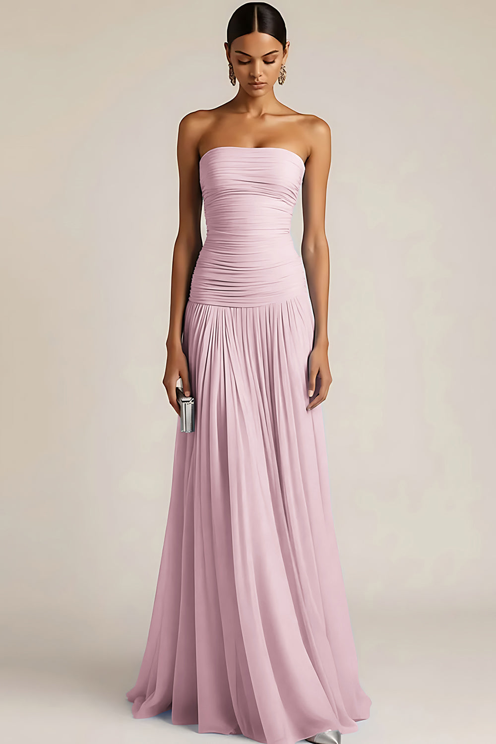 Light Blue Formal Wedding Bridesmaid Dress Strapless Chiffon Maxi Dress
