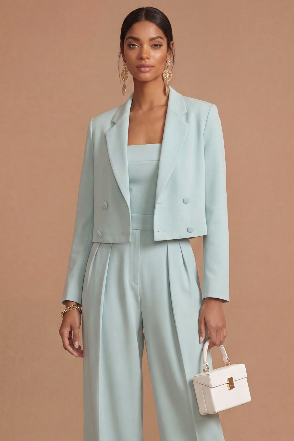 Lake Blue Work Blazer Suit Sets Lapel Long Sleeve Pants Set