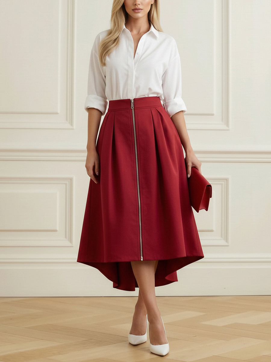 A-Line High-Low Pleated Pockets Solid Color Zipper Skirts Bottoms