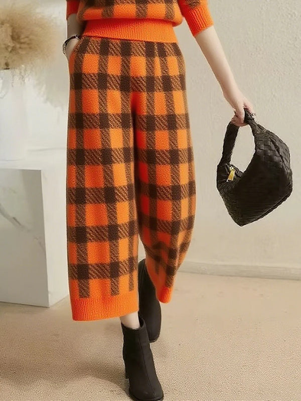 Wide Leg Contrast Color Plaid Pockets Pants