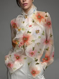 Long Sleeves Loose Flower Print Ruffled Tied Stand Collar Blouses&Shirts Tops