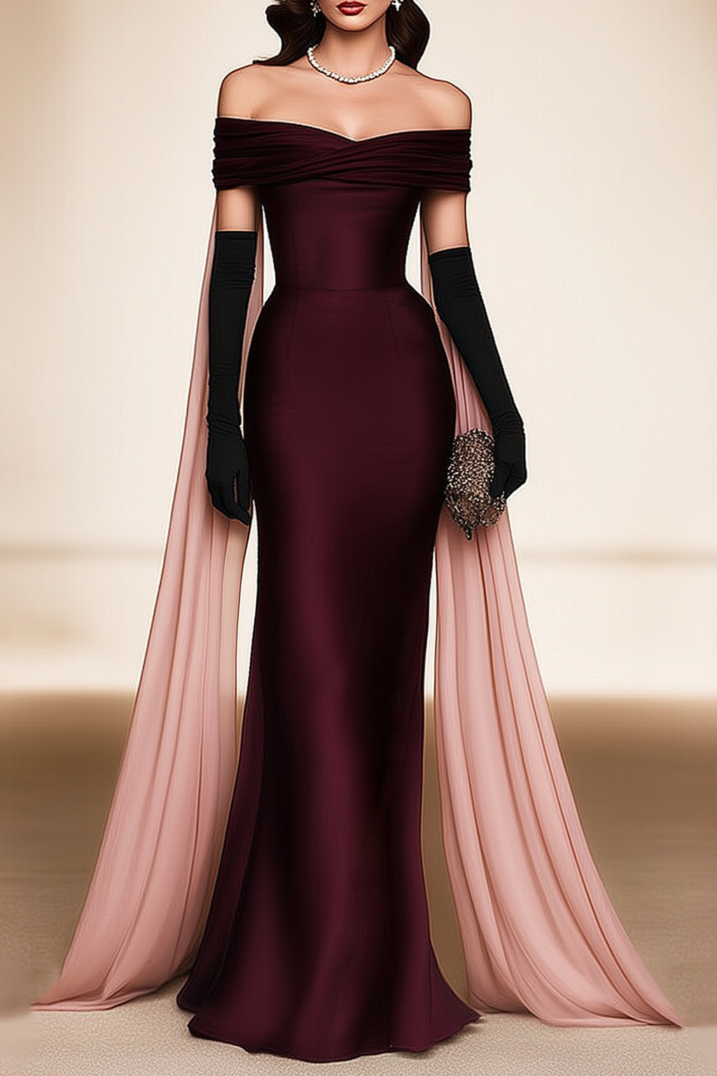Evening Dress Burgundy Off The Shoulder Cape Maxi Dress