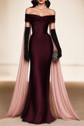 Evening Dress Burgundy Off The Shoulder Cape Maxi Dress