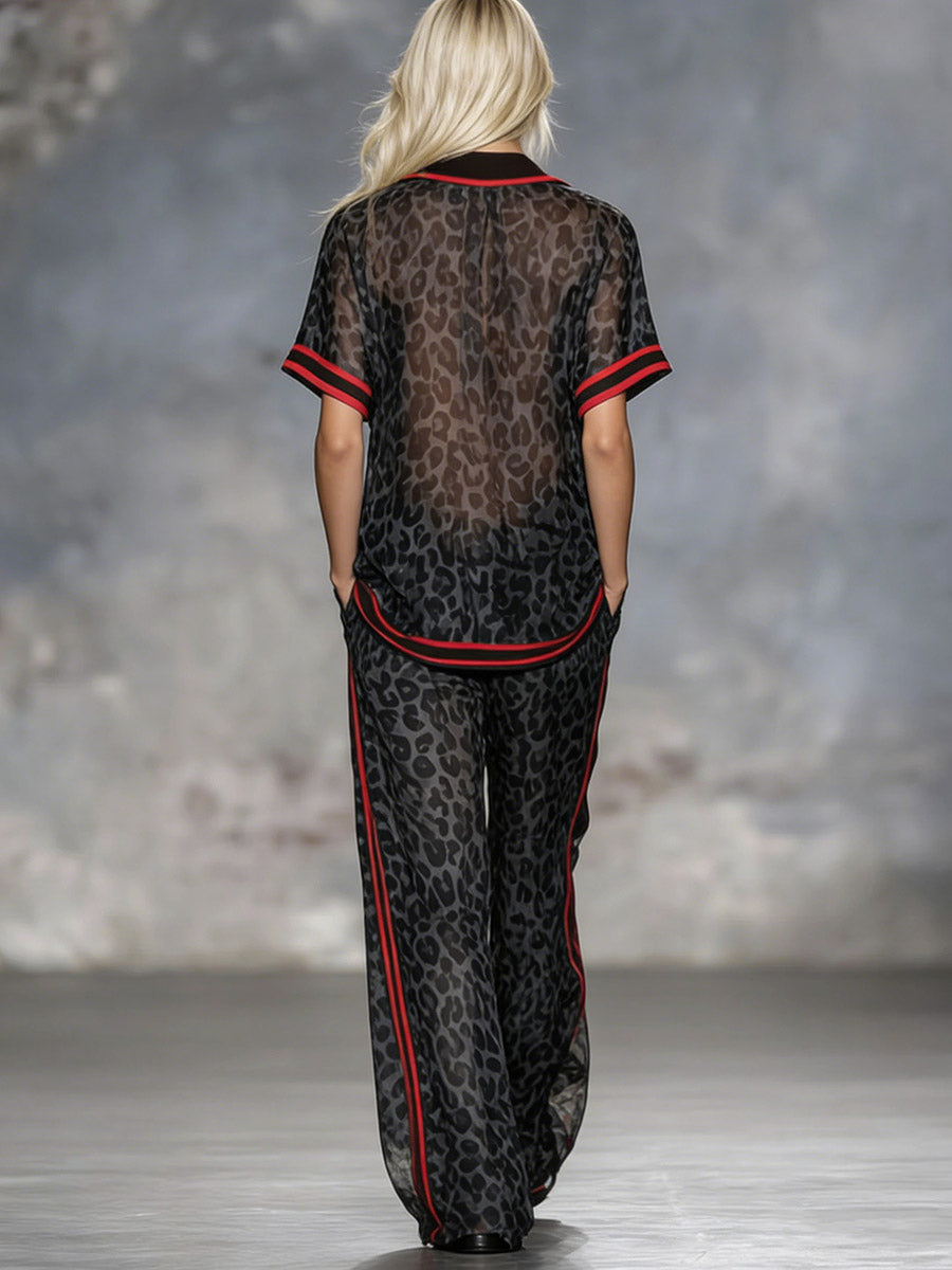 Loose Wide Leg Contrast Color Leopard Pockets Split-Joint Striped Pants Trousers