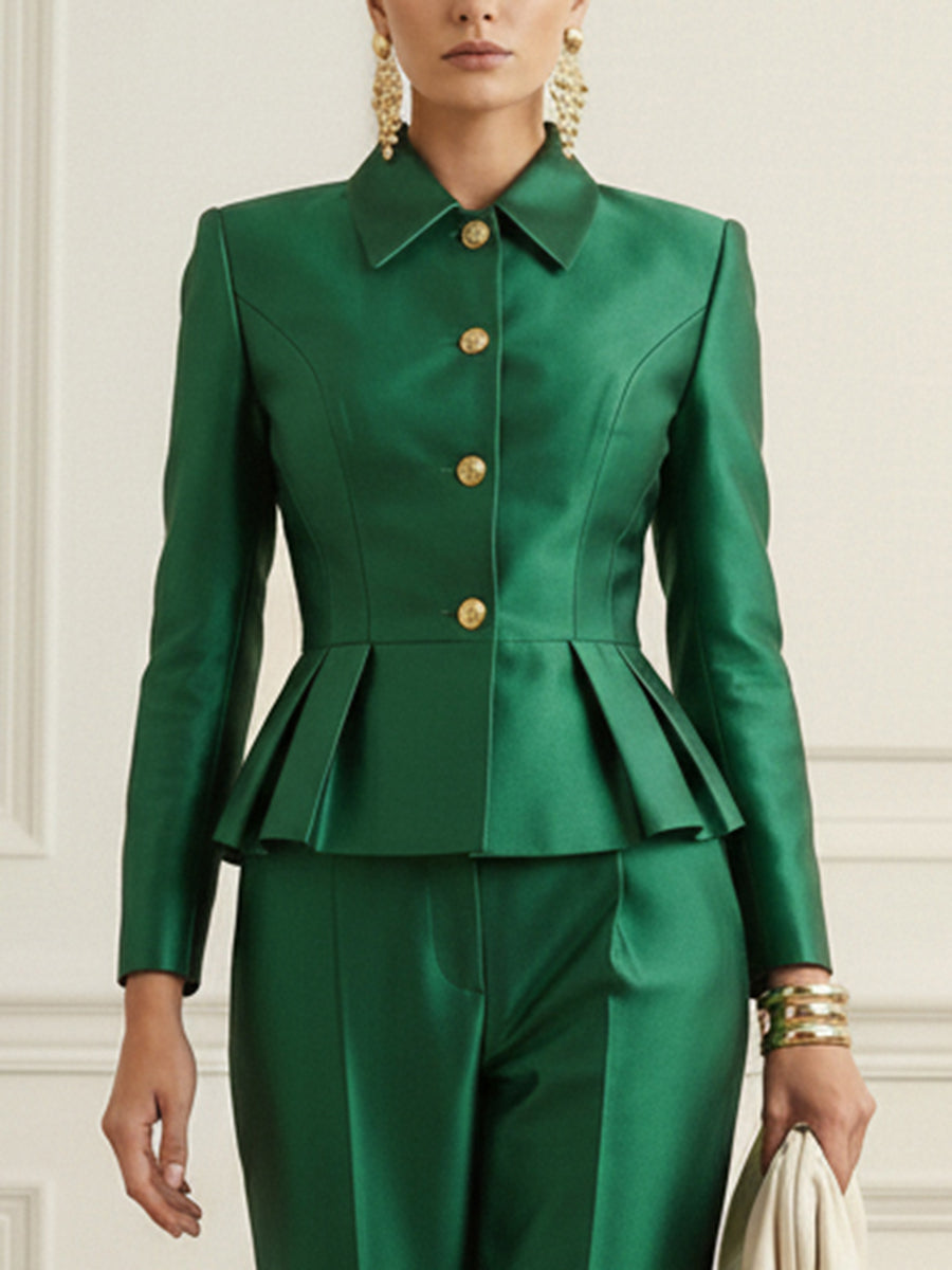 Elasticated Waist High Waisted Buttoned Contrast Color Ruffled Split-Joint Lapel Blazer Blouses&Shirts Tops
