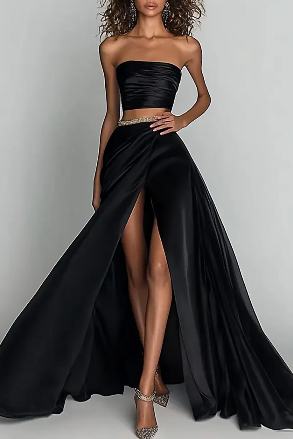 Party Set Black Strapless High Slit Maxi Skirt Two-Piece Set