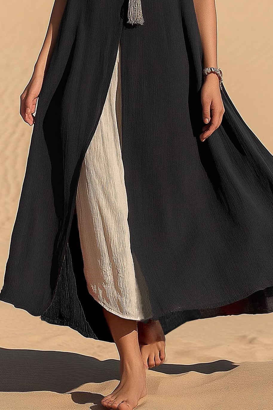Casual Vacation Dress Sleeveless V-Neck Black Beige Slit Maxi Dress
