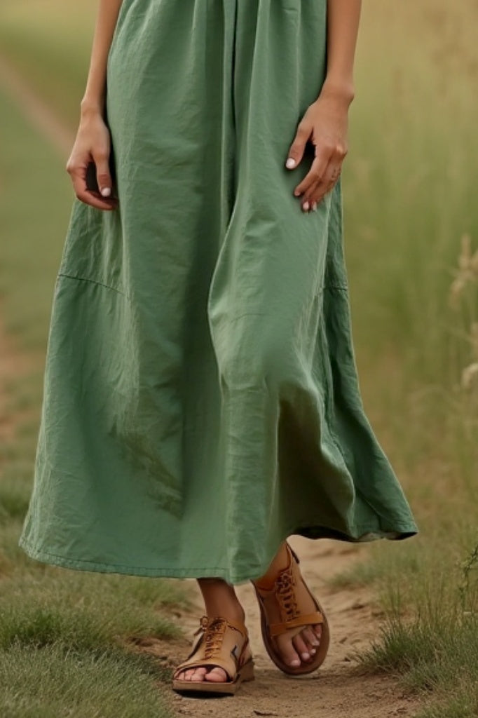 Bohemian Dress Green V Neck Ruched Maxi Dress