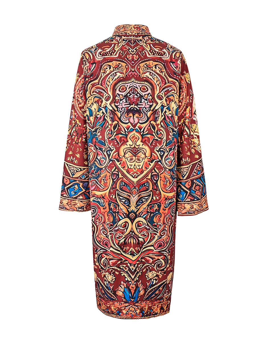 Long Sleeves Loose Contrast Color Printed Mock Neck Midi Dresses