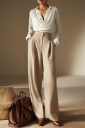 Casual Outfit Sets Khaki Cowl Neck Long Sleeve Pants Set