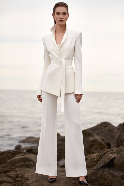 Business Formal Blazer Pant Suit White V Neck Long Sleeve Straight Pants