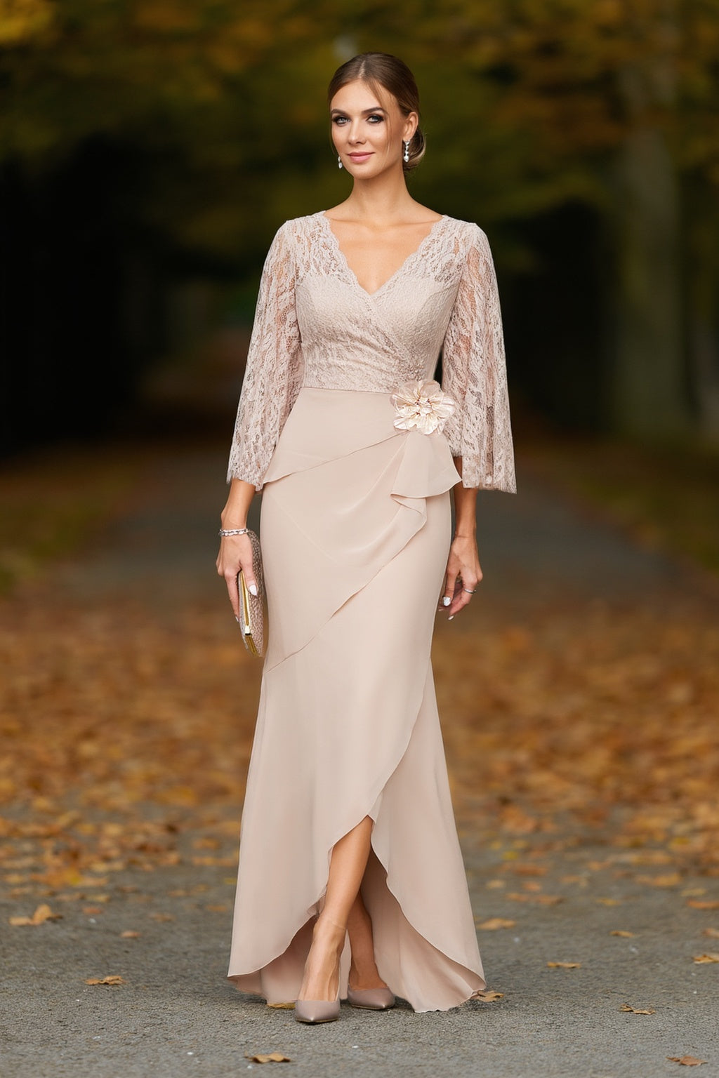 Mother of the Bride Dress Apricot Lace V Neck Flower Maxi Dress