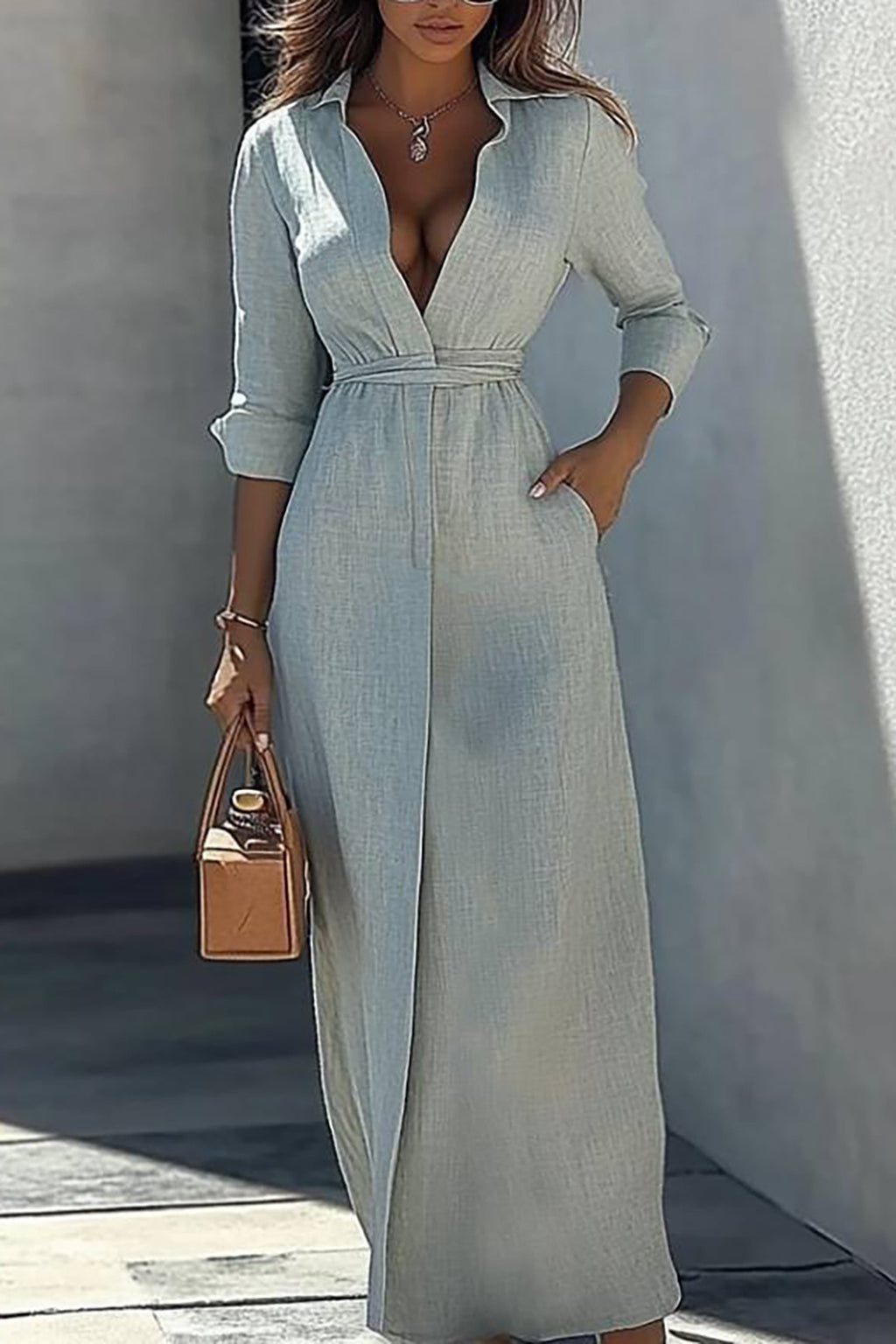 Vacation Casual Linen Dress Light Blue Long Sleeve Pocket Maxi Dress