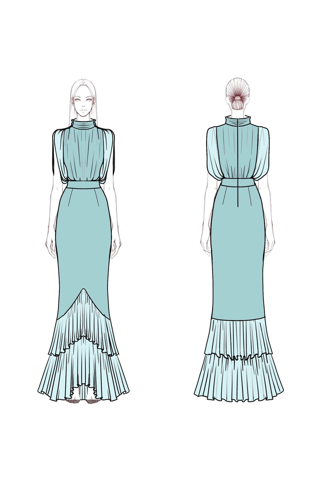 Formal Dress Blue Stand Collar Ruffle Maxi Dress