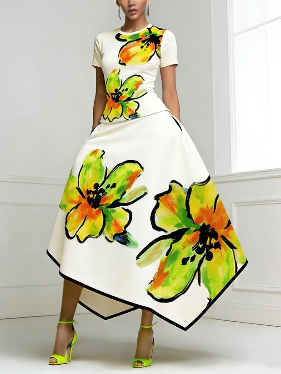 Short Sleeves Flower Print Round-Neck T-Shirts Tops