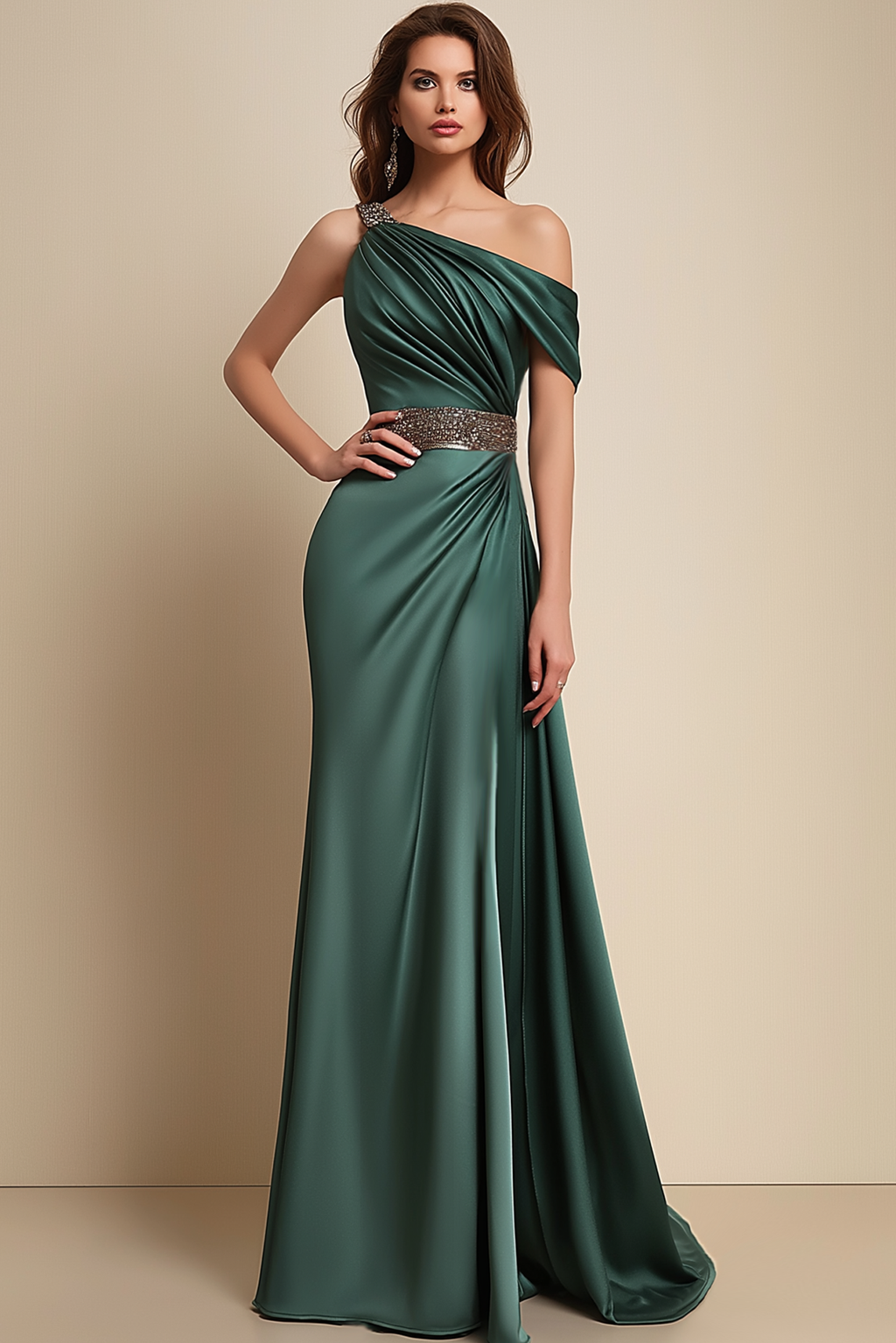 Formal Dress Green One-Shoulder Rhinestone Waist Belt Maxi Dress