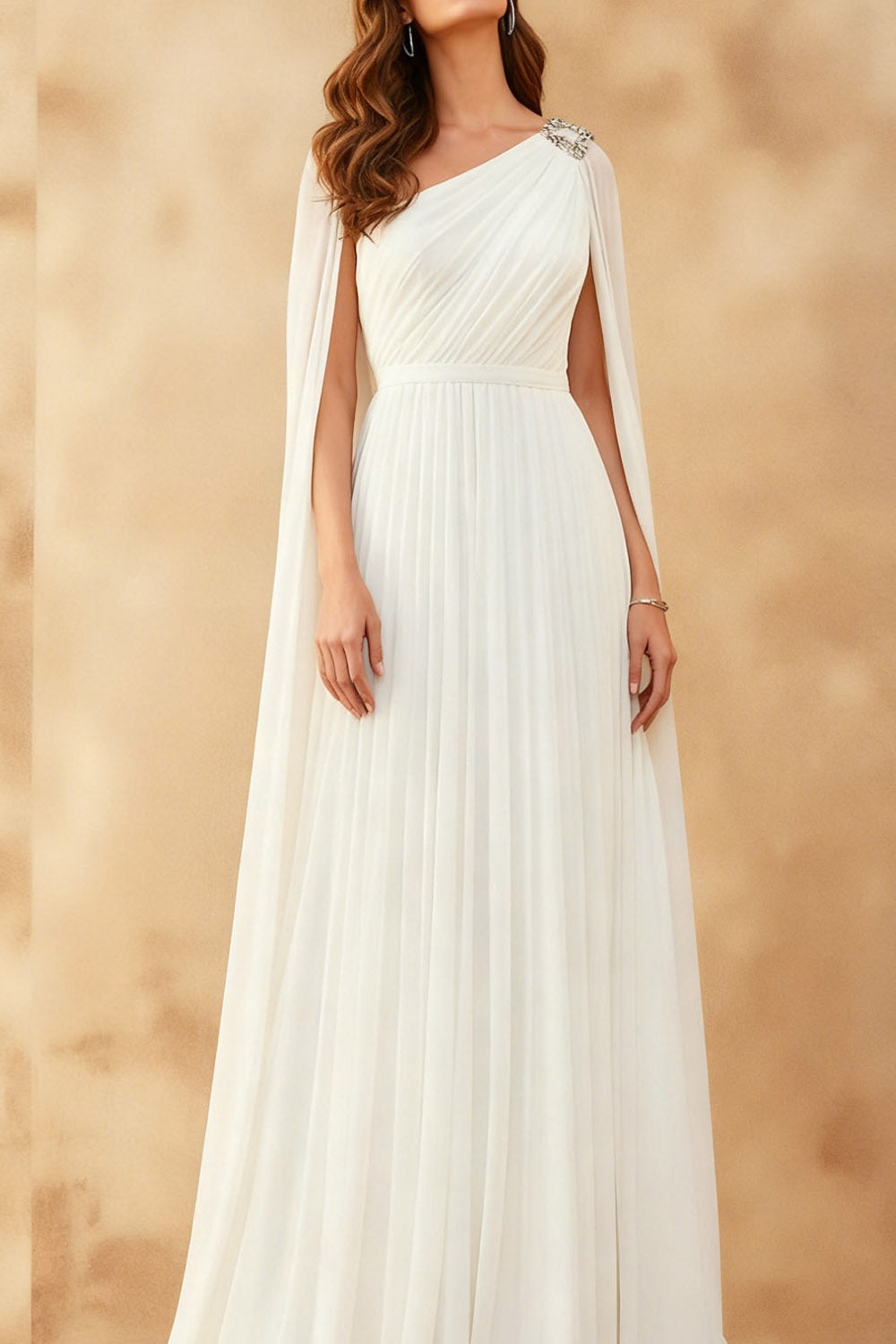 White Formal Dress A-Line One Shoulder Pleated Maxi Dress with Cape