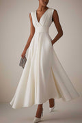Evening Elegant Dress Sleeveless Deep V Neck Pleated Design Ball Gown Maxi Dress