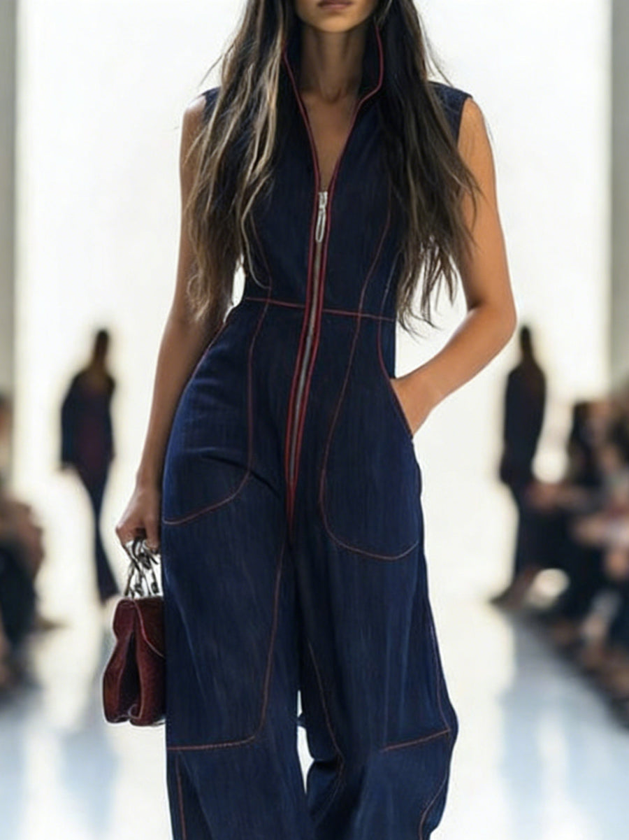 High Waisted Sleeveless Pockets Zipper Stand Collar Jumpsuits