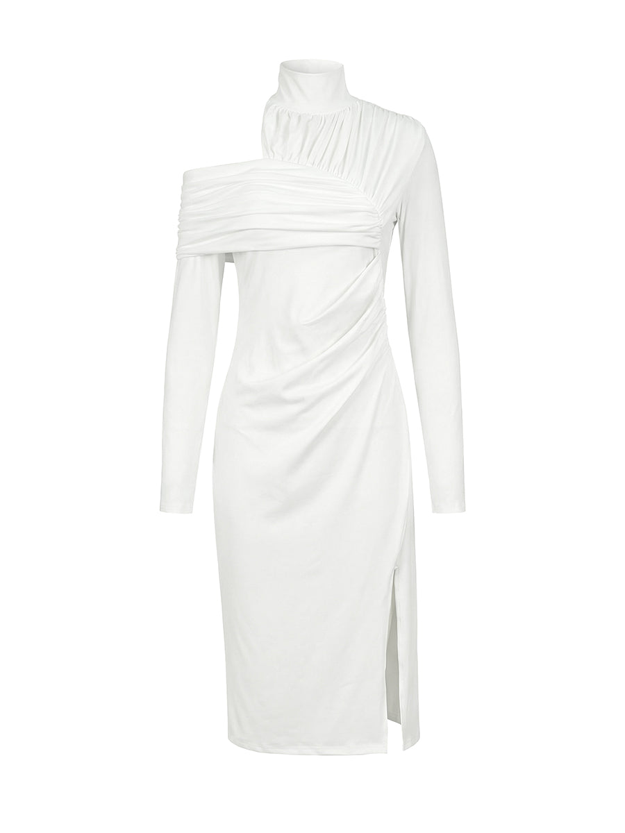 Irregularity Long Sleeves Asymmetric Pleated Solid Color Split-Front Split-Joint Split-Side High Neck Midi Dresses